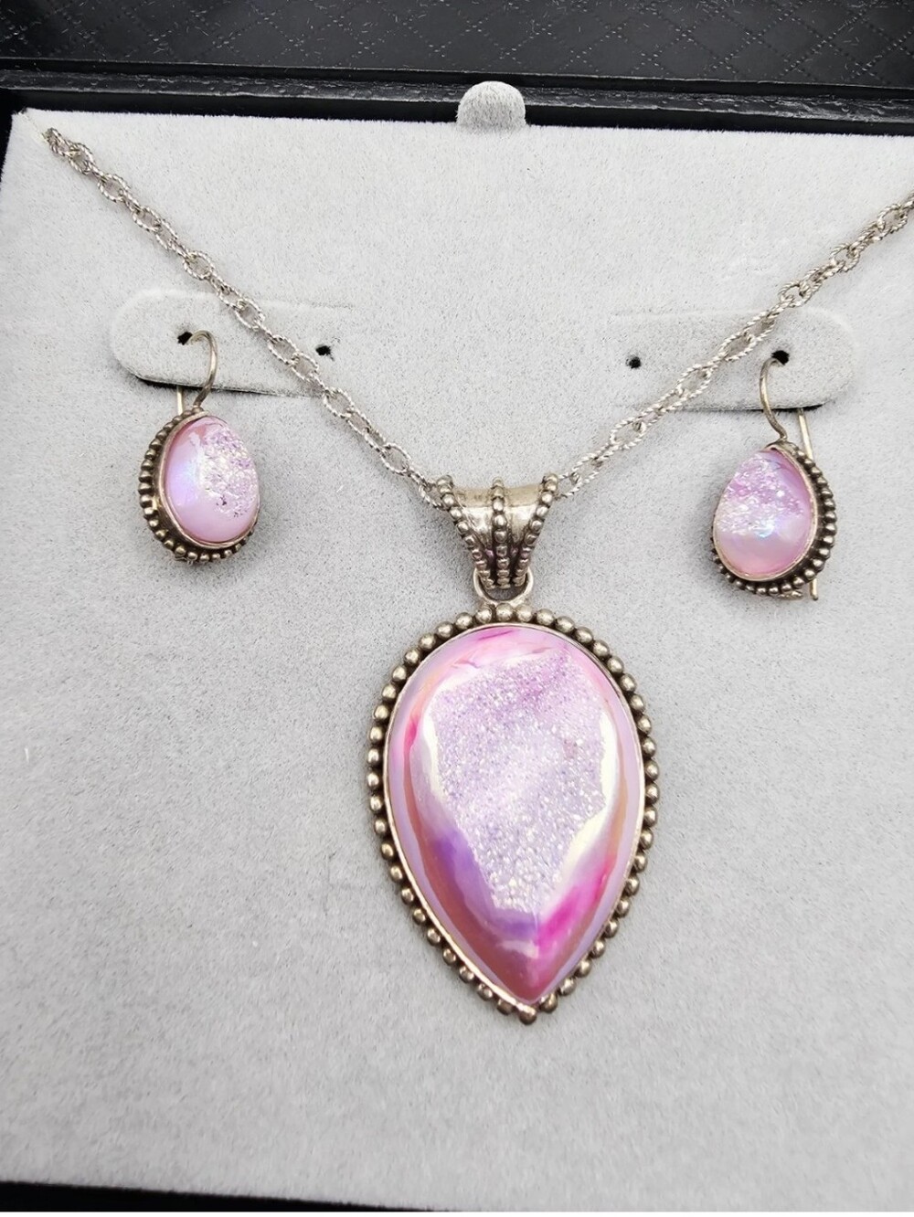 Sajen Pink Druzy Quartz Sterling Necklace and Earrings Set in Box